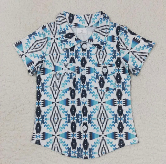 Boys Aztec Blue Button Up Short Sleeve